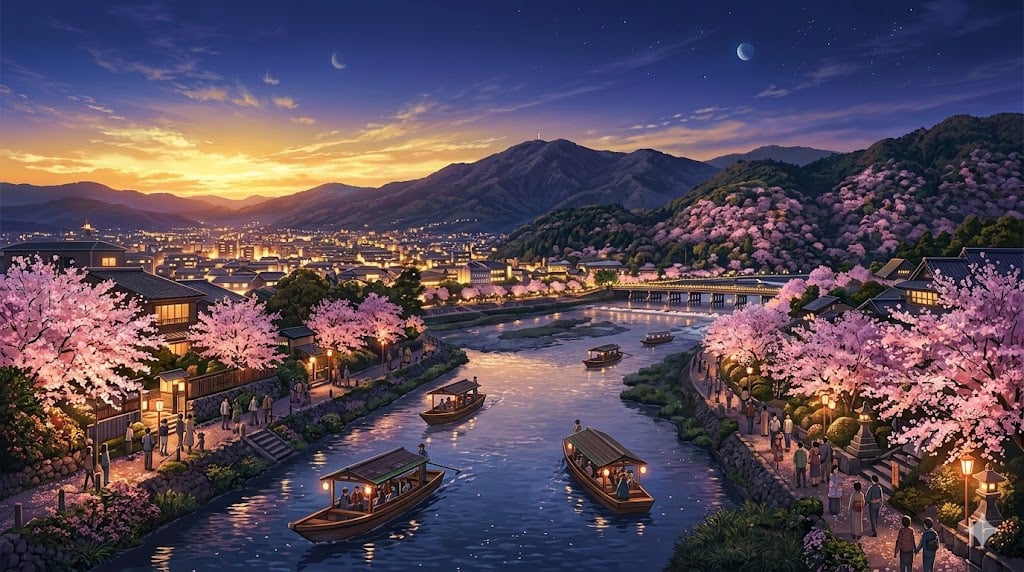2026京都賞櫻全攻略橫式首圖:新海誠風格的古都櫻花全景、鴨川遊船與遠方嵐山。