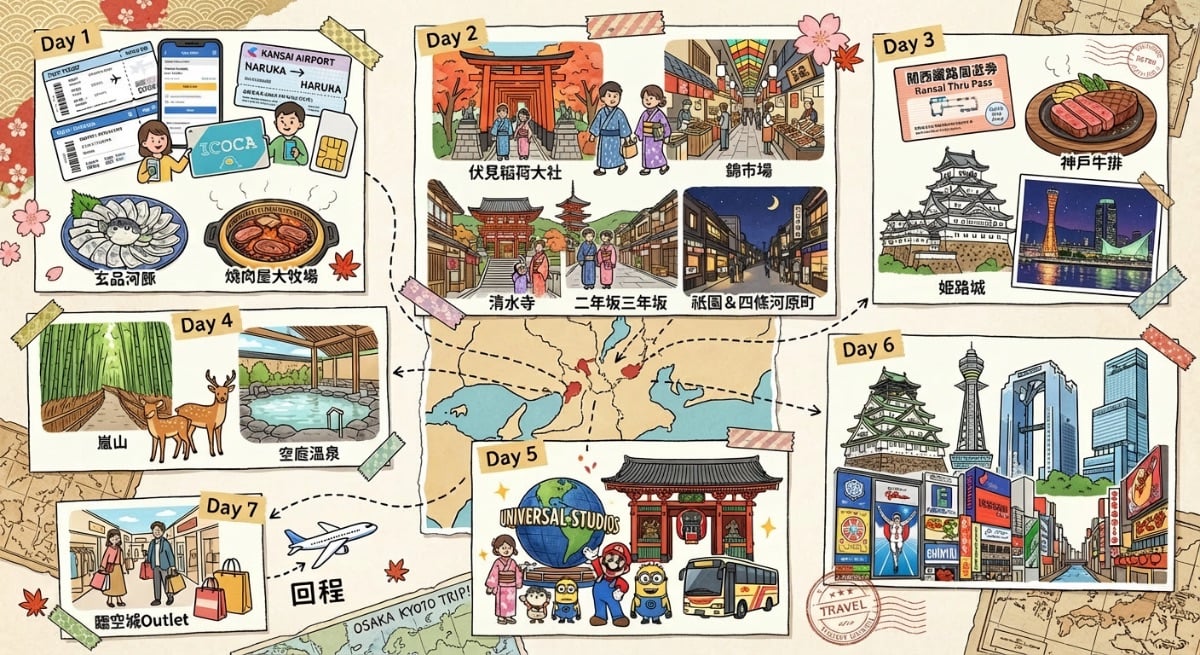 大阪 京都  神戶 自由行，行程
可以使用 kkday、klook 購買、預約 景點、門票、交通