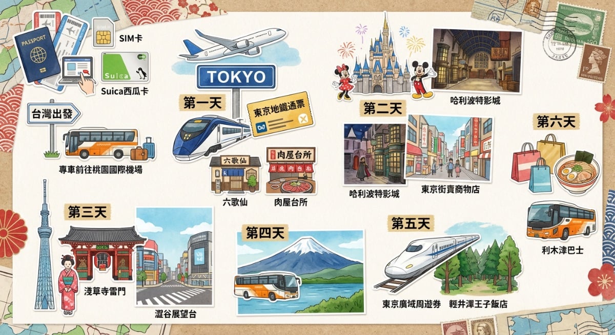 東京自由行，行程
可以使用 kkday、klook 購買、預約 景點、門票、交通