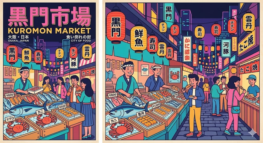 大阪黑門市場美食街與燈籠，復古現代 City Pop 風格旅遊海報，難波住宿推薦導覽。