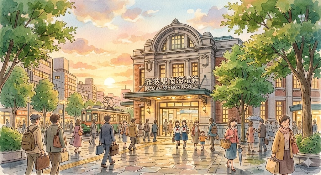 大阪難波飯店推薦：南海難波車站建築與黃昏街景，吉卜力溫馨手繪風格插畫。