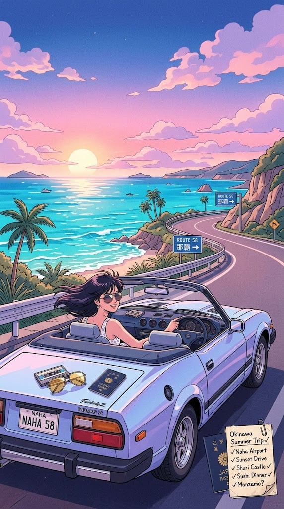1980年代 City Pop 復古動漫風的沖繩行李清單圖,開著敞篷車行駛在沖繩海邊公路