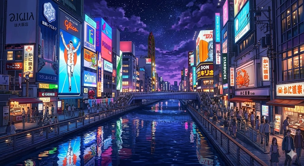 大阪難波住宿推薦：道頓堀固力果跑跑人霓虹燈夜景，新海誠風格動漫插畫。